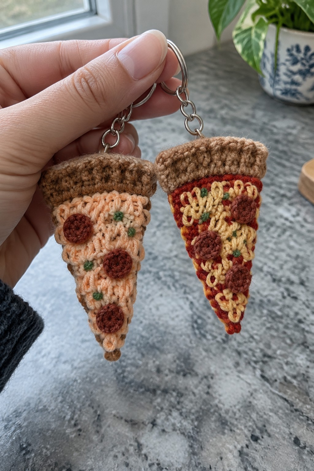 Hand holding two crocheted pizza slice keychains with metal chains and rings.