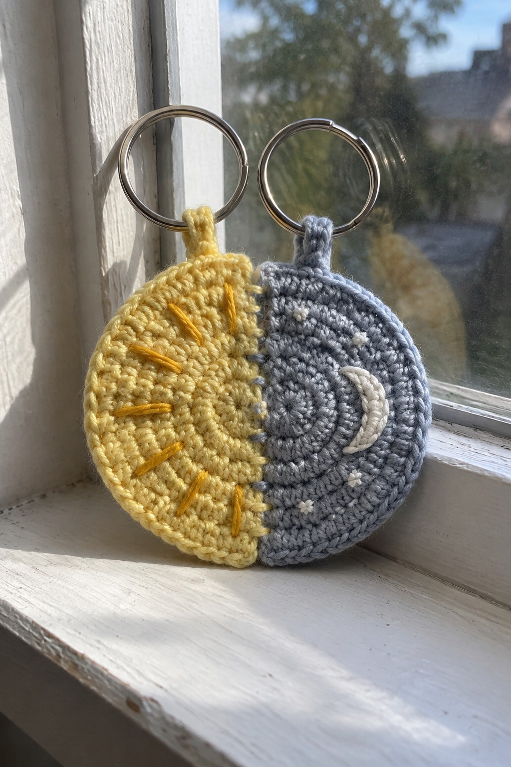 Yellow crocheted sun and gray moon keychains with metal rings on windowsill