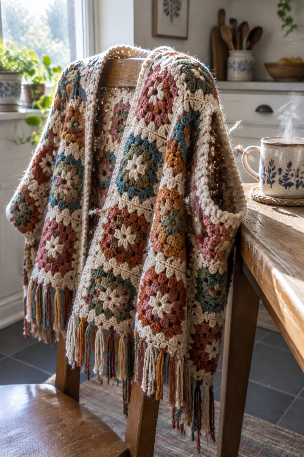 Colorful granny square crochet blanket draped over wooden chair near steaming mug