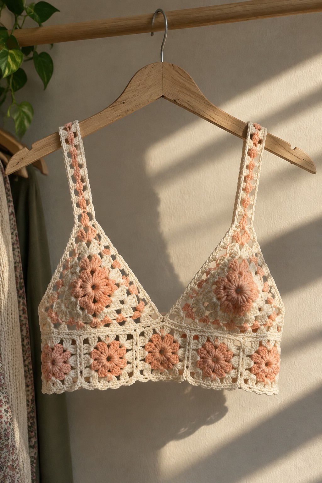 Peach and cream crocheted granny square bralette on wooden hanger