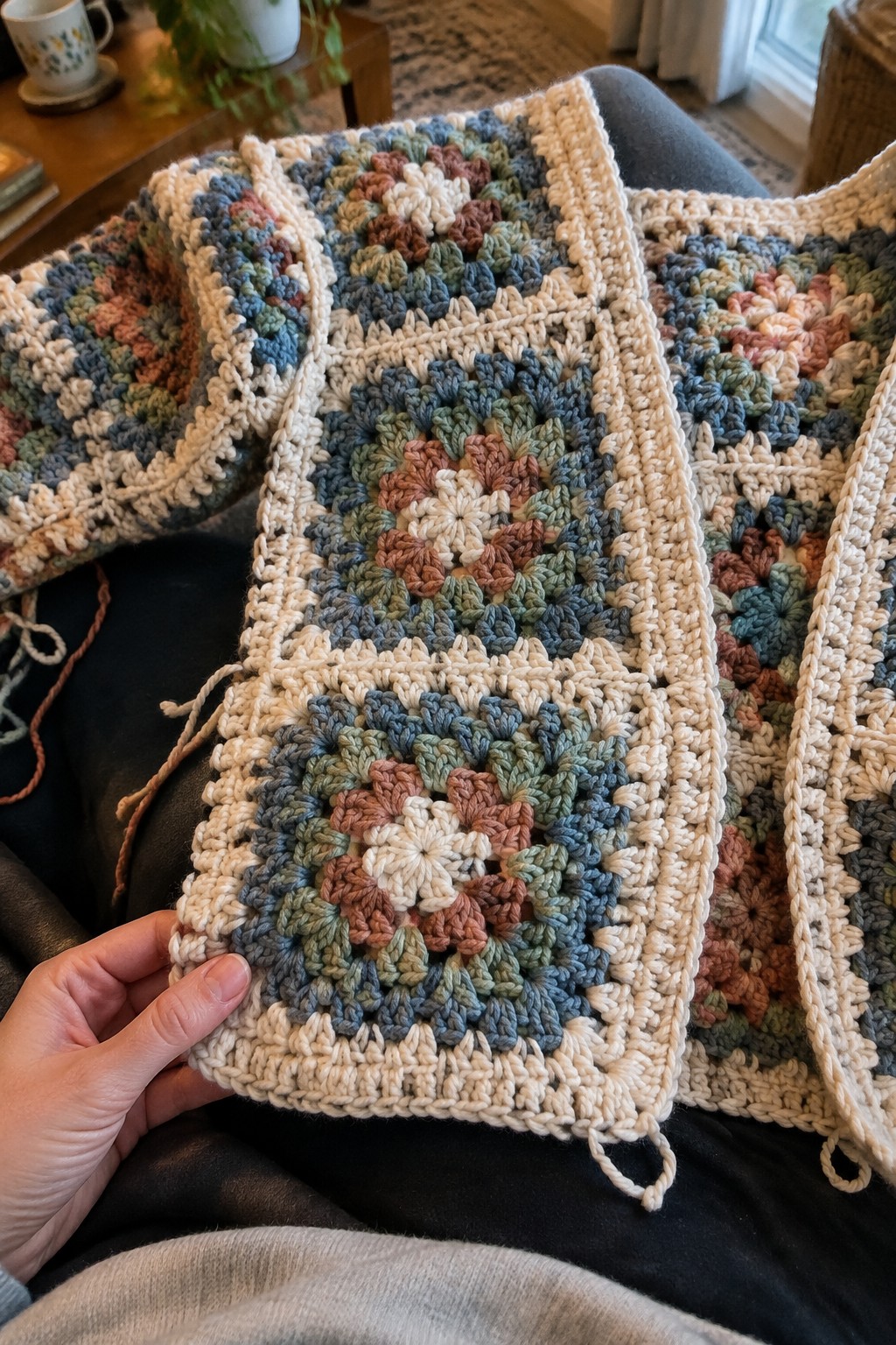Hand holding open pastel granny square crochet cardigan on lap