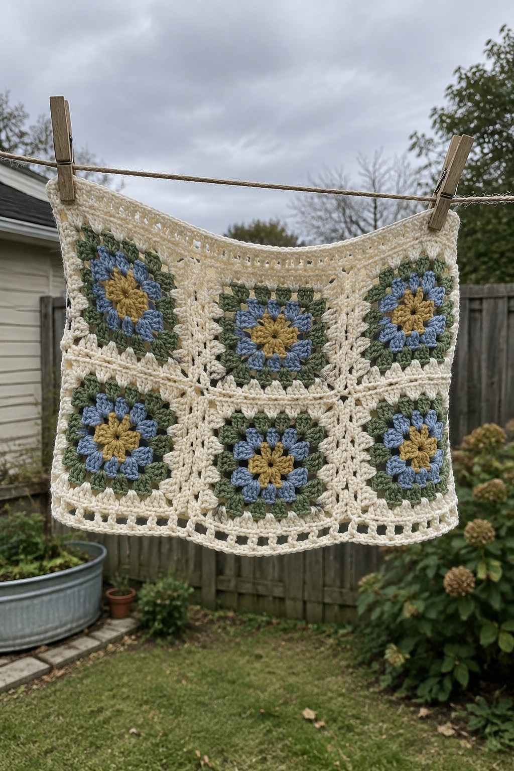 Crocheted granny square blanket in blue, yellow, and green hanging on clothesline