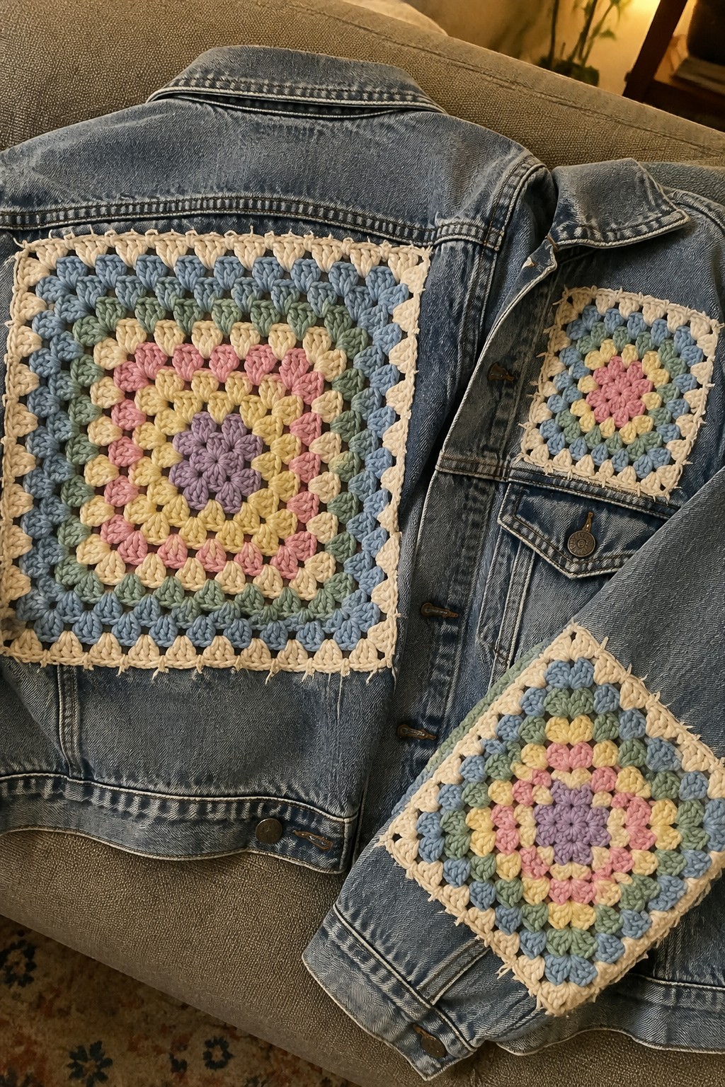 Denim jacket with large pastel crocheted granny squares on back, pocket, and sleeve.