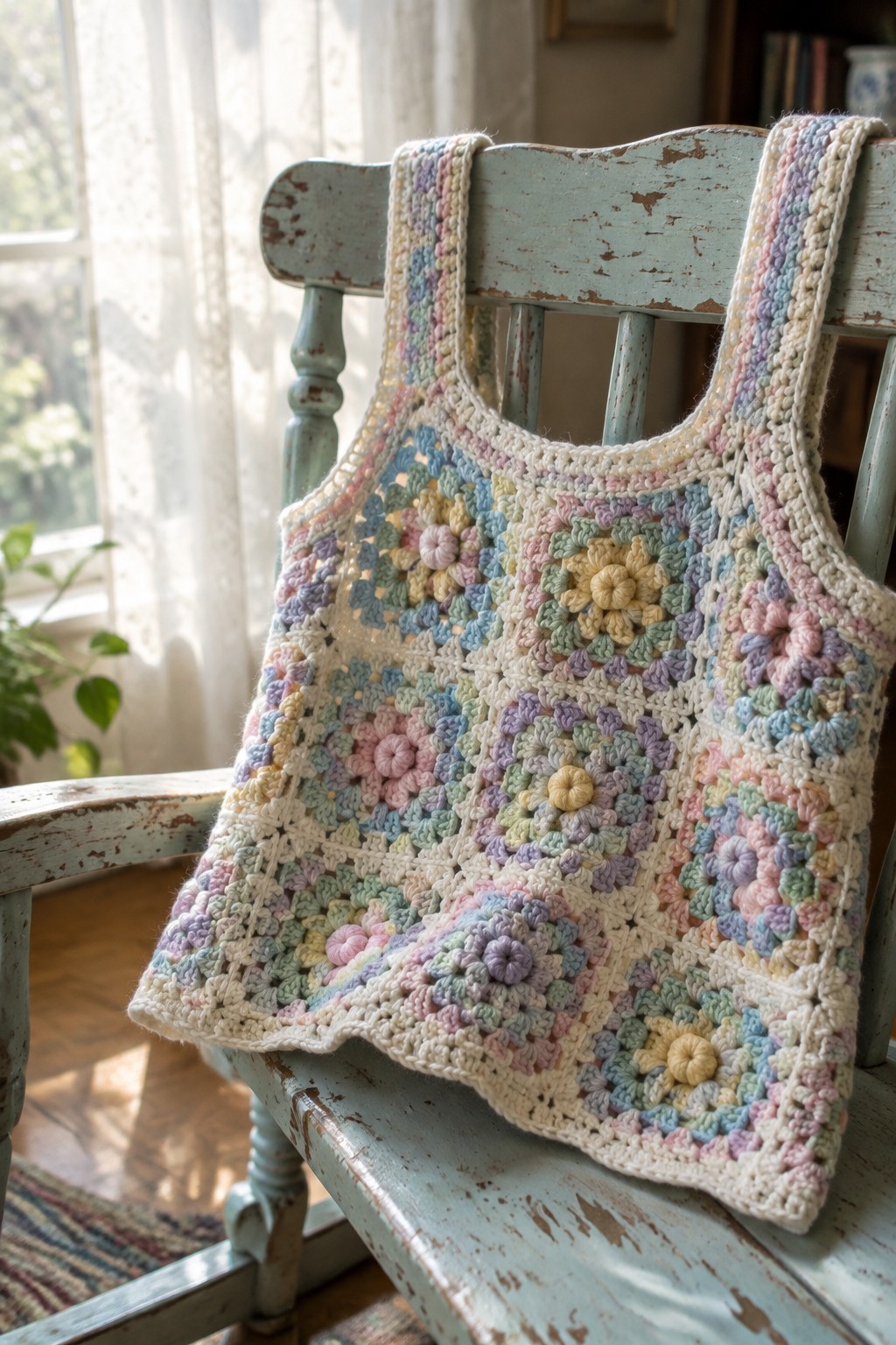 Pastel granny square crochet tank top on a weathered blue wooden chair.
