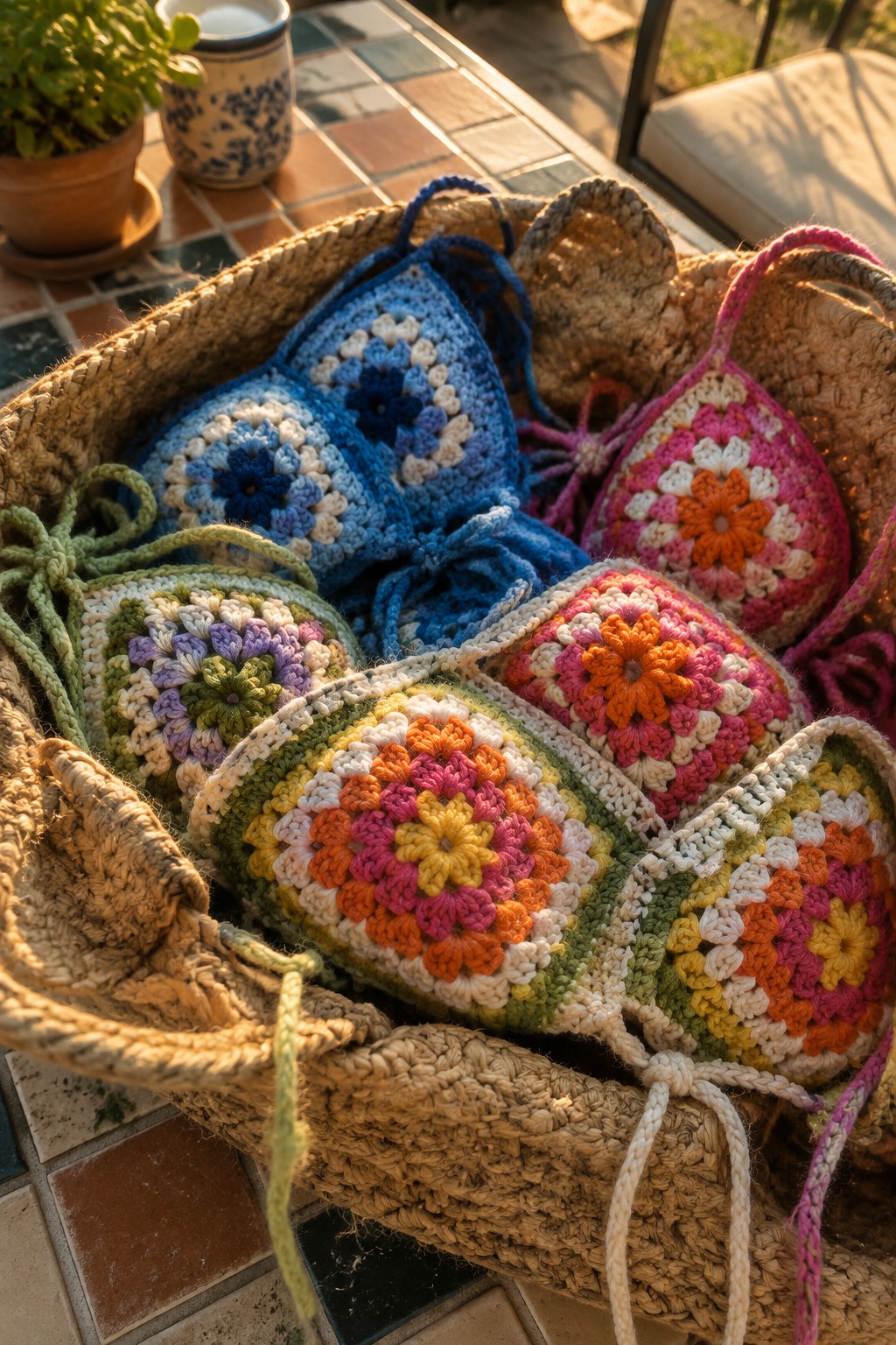 Woven basket overflowing with colorful crocheted granny square bikini tops on tiled surface.