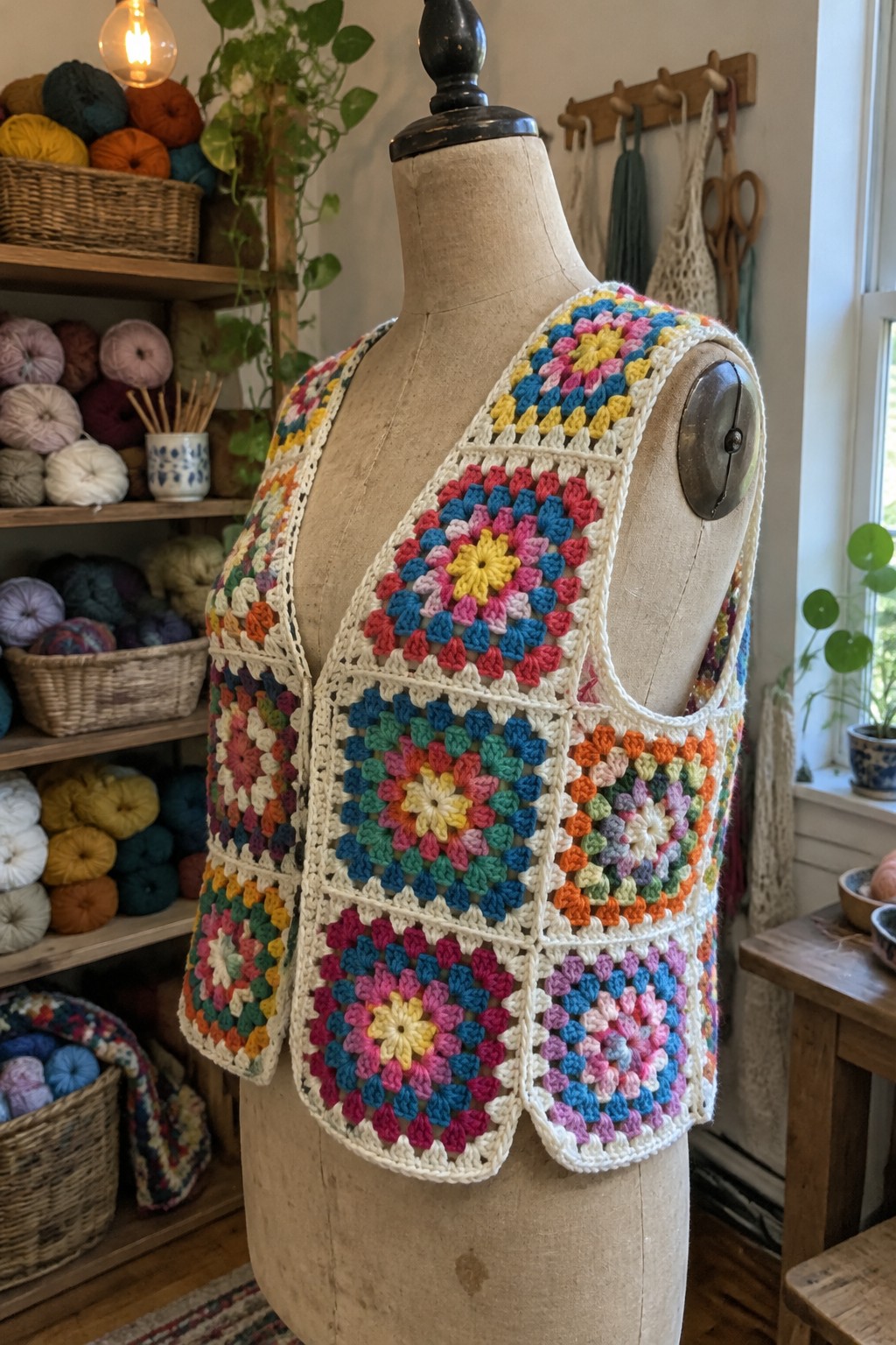Colorful crocheted granny square vest on a mannequin in a yarn-filled craft room