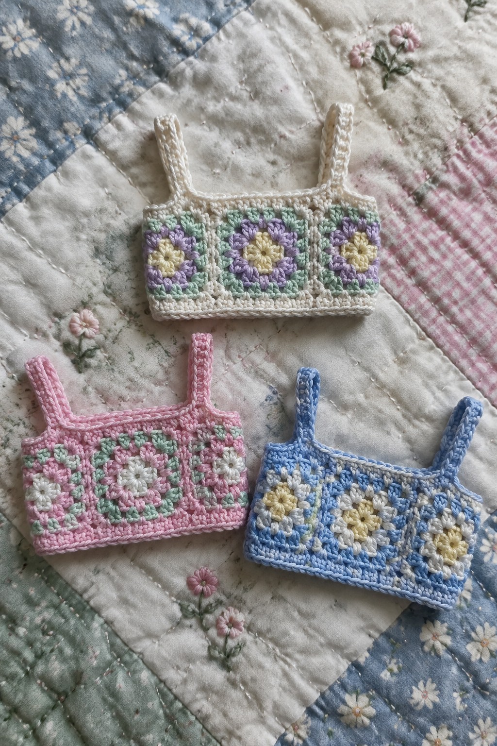 Three small crocheted crop tops made from granny squares in pastel colors rest on a floral quilt.