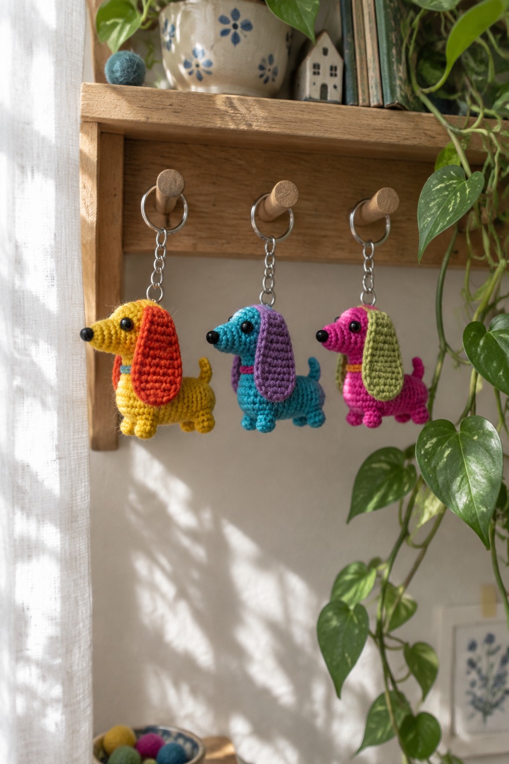 Three colorful crocheted dachshund keychains hanging from wooden shelf hooks