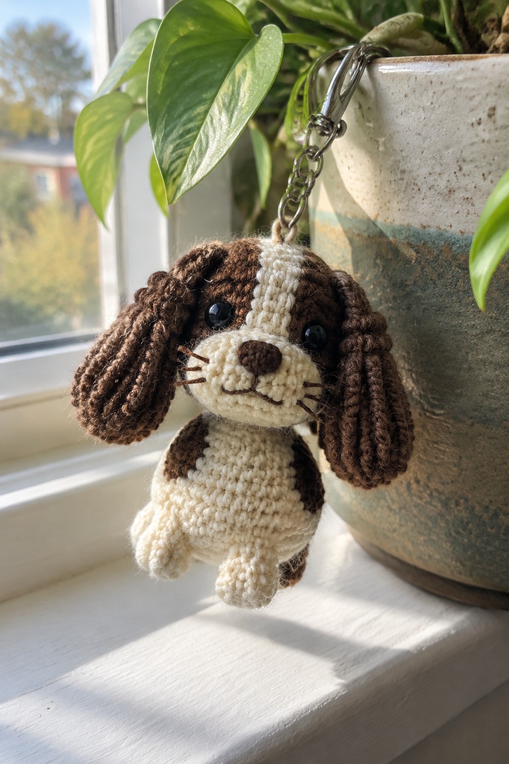 Crocheted brown and white dog keychain hanging from a ceramic plant pot on a windowsill
