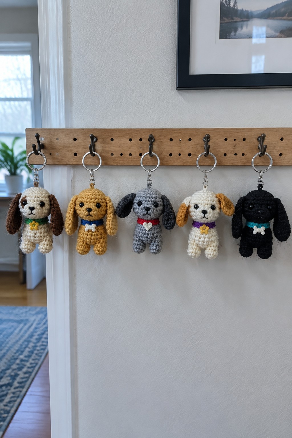 Five colorful crocheted dog keychains hanging on a wooden rack with hooks