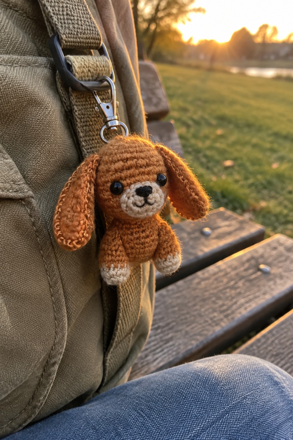 Brown crocheted dog keychain on green backpack beside wooden bench at sunset