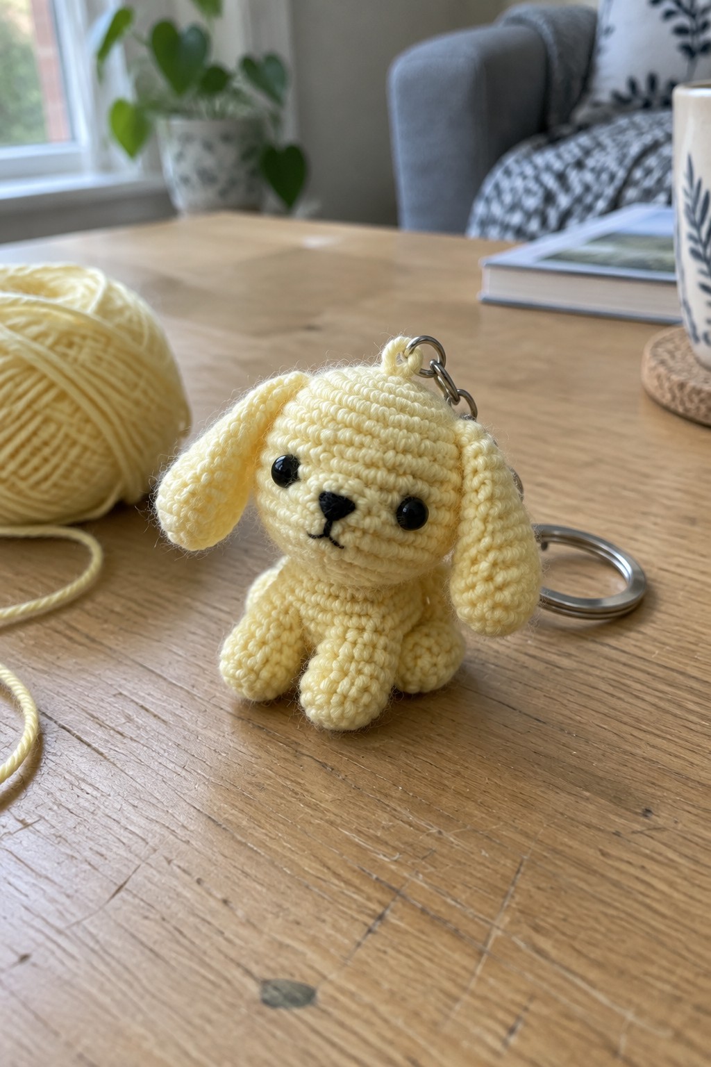 Yellow crocheted dog keychain with yarn ball on wooden table