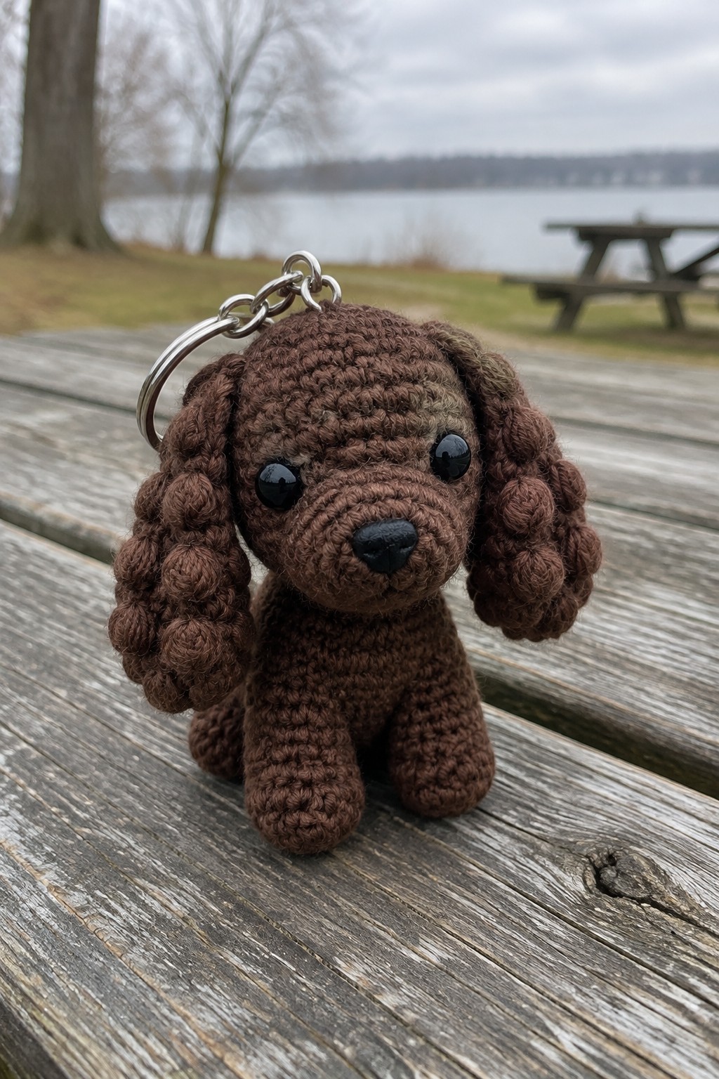 Brown crocheted dog keychain with metal ring on wooden picnic table by lake
