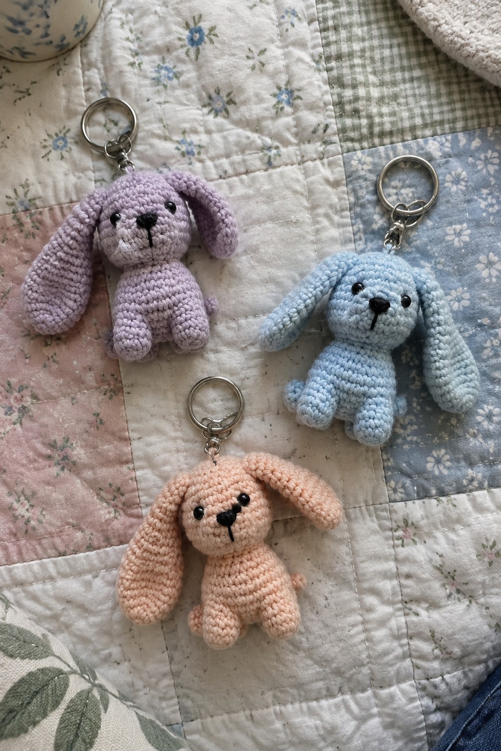 Three pastel crocheted bunny keychains on floral patchwork quilt