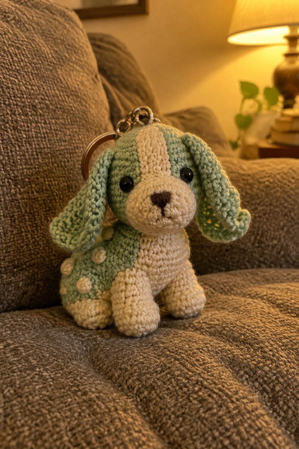 Crocheted mint green and white spotted dog keychain resting on a gray couch.