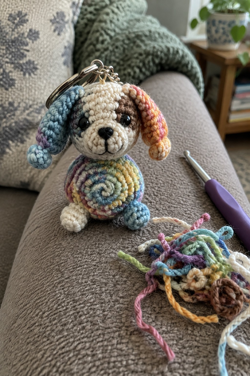 Colorful crocheted dog keychain on gray couch beside purple hook and yarn scraps