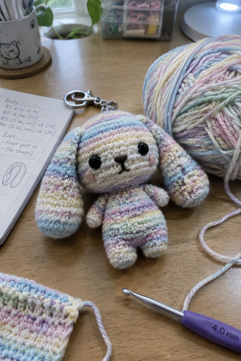 Crocheted pastel rainbow bunny keychain beside yarn, hook, and pattern notebook
