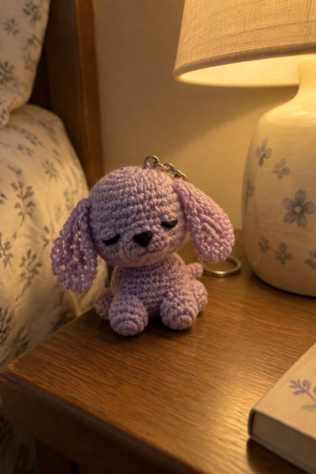 Purple crocheted dog keychain on wooden nightstand beside lit lamp and book