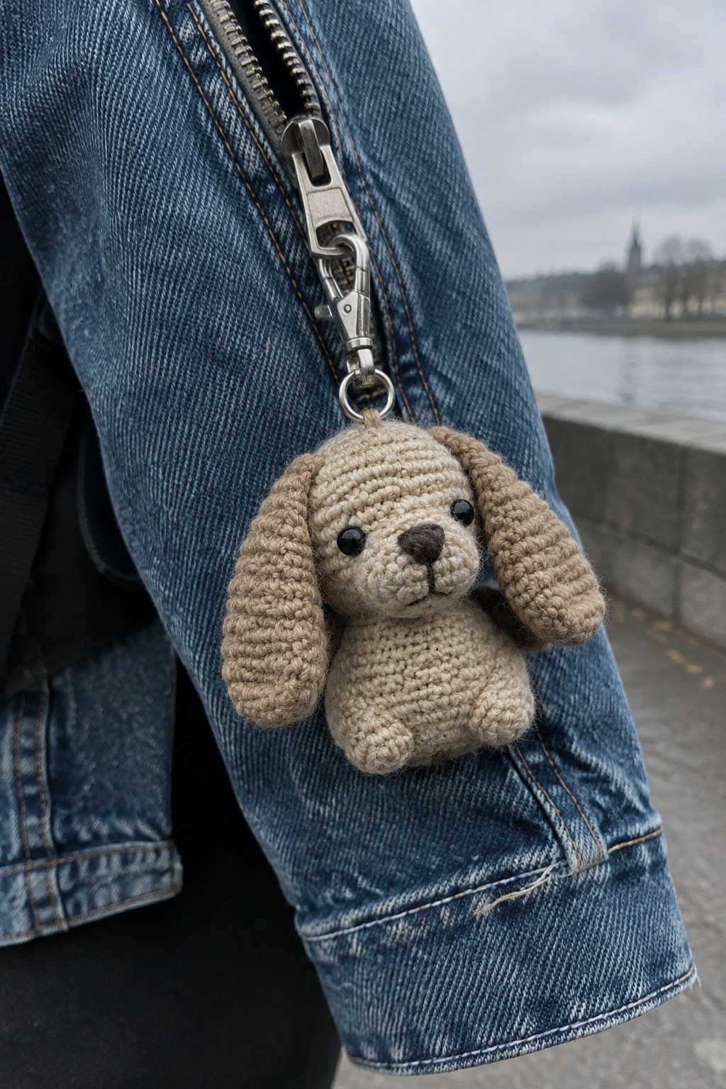A small beige crocheted dog keychain with floppy ears clipped to the zipper of a blue denim jacket.