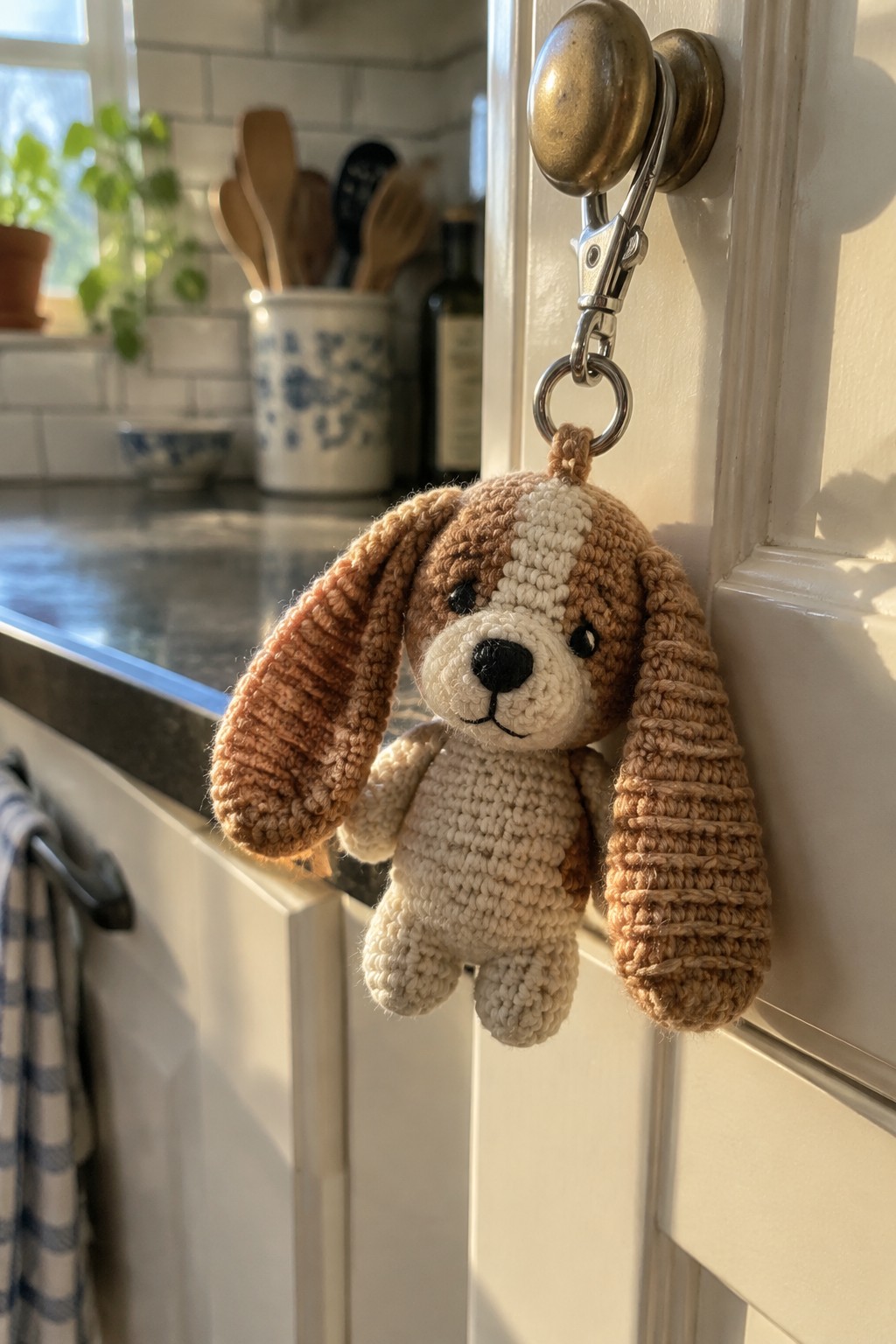 A crocheted brown and white dog keychain with floppy ears hangs from a brass door handle in a kitchen.