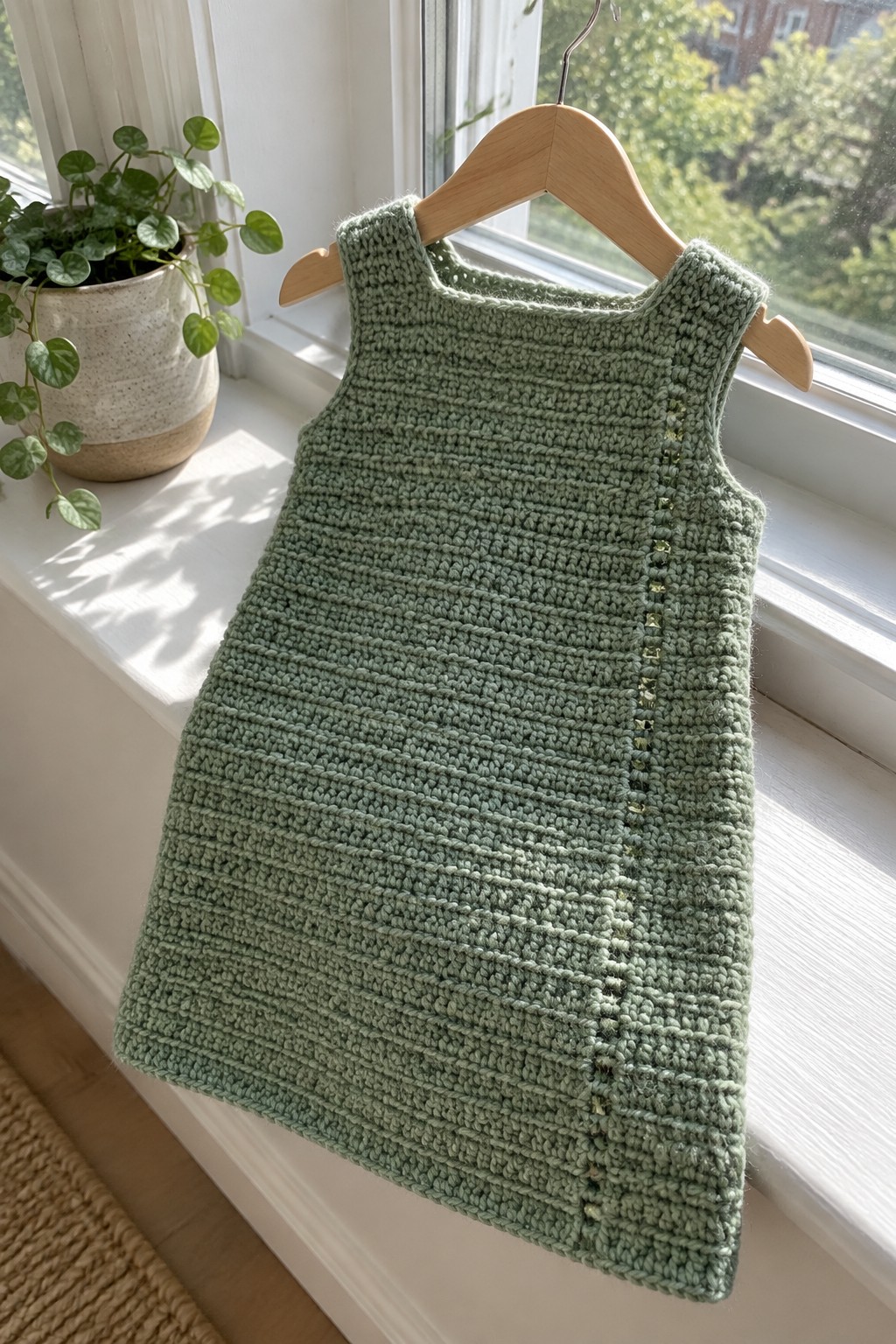 Sage green knitted dress hangs on wooden hanger beside houseplant on windowsill.