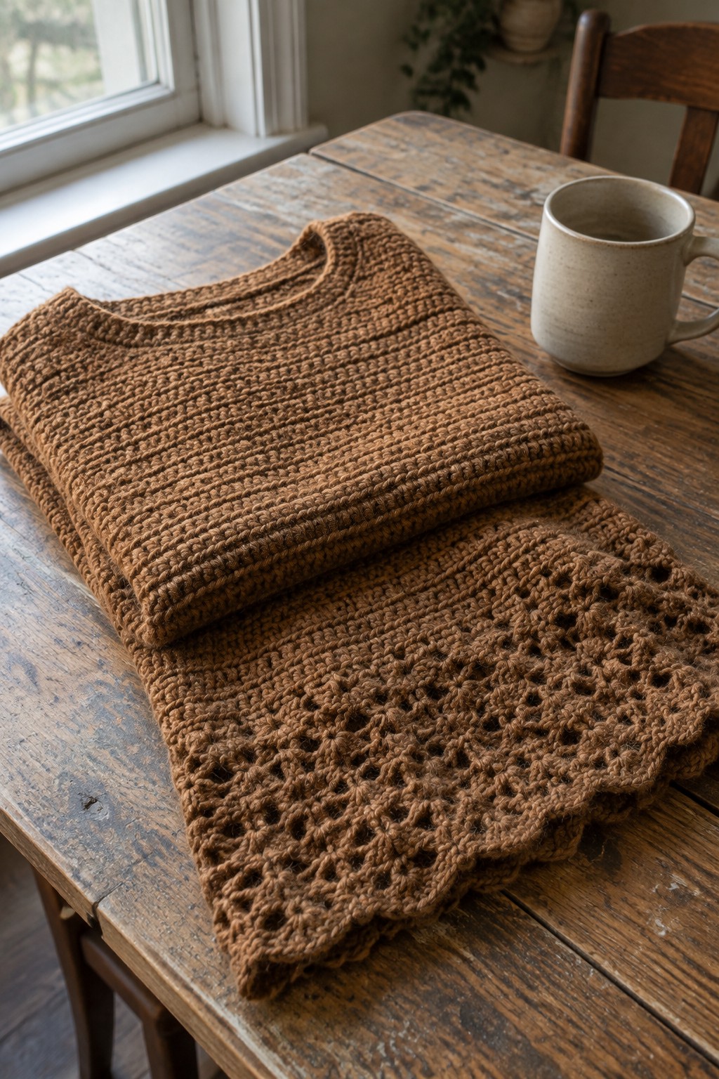 Brown ribbed knit top and lacy skirt on rustic table beside ceramic mug