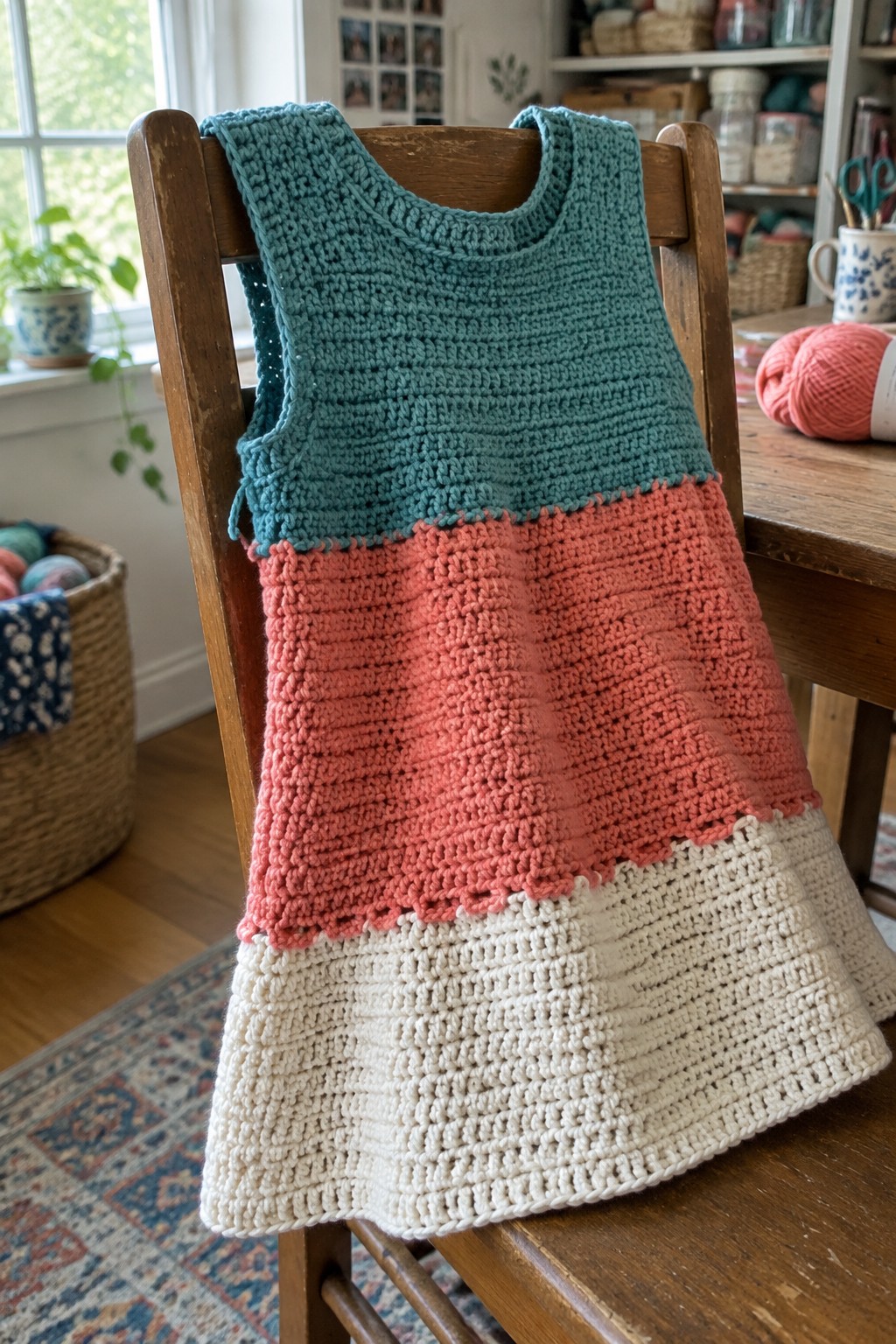 Color-blocked crochet dress in teal, coral, and cream on wooden chair.