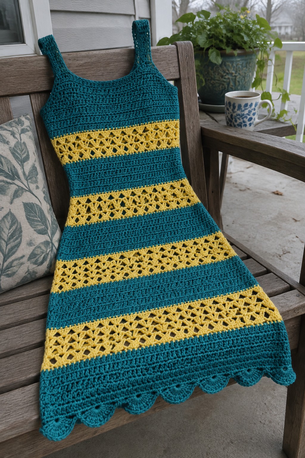 Teal and yellow striped crocheted dress on wooden porch bench with pillow and mug
