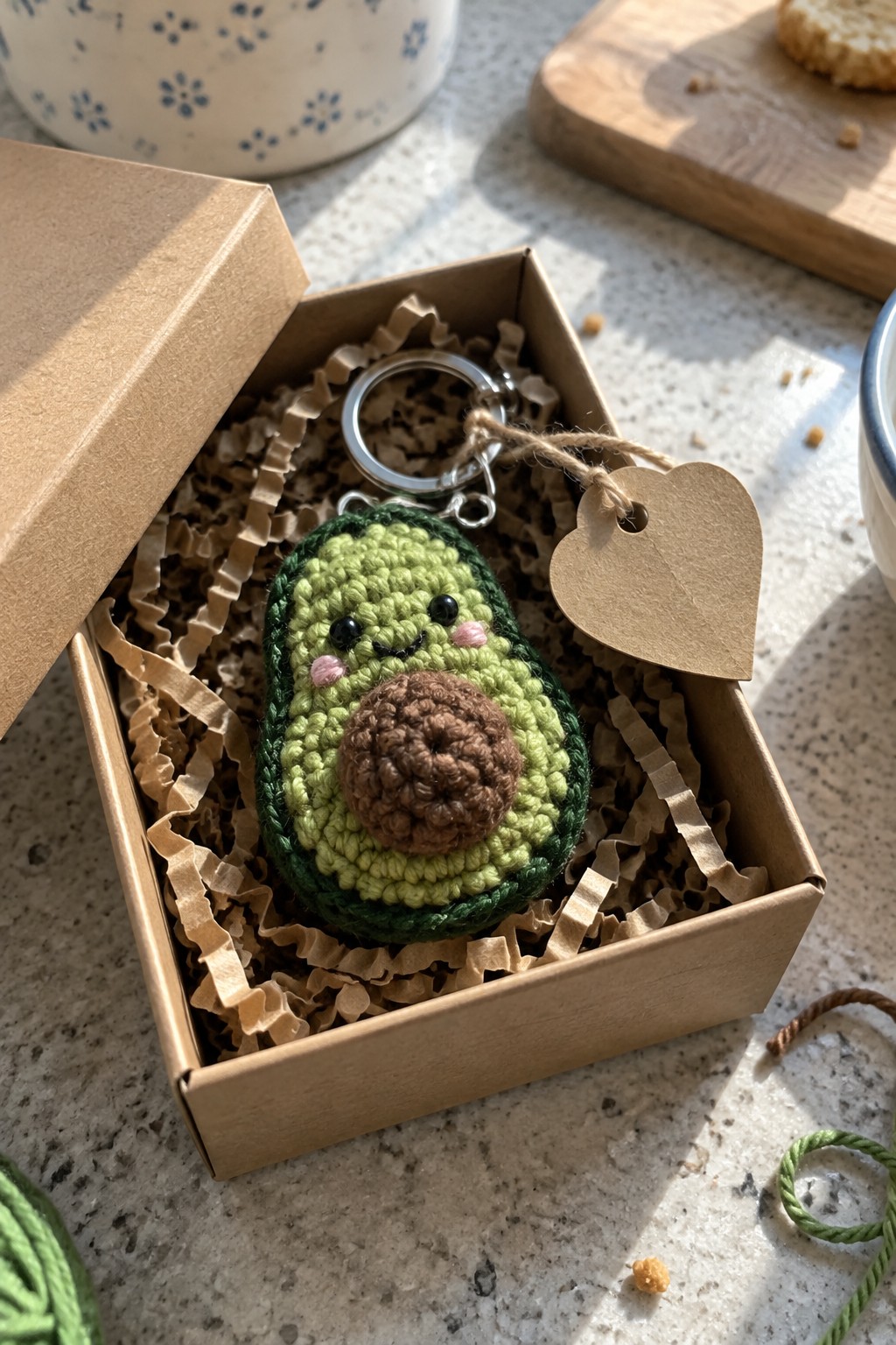 Crocheted avocado keychain with smiling face in open brown gift box with shredded paper