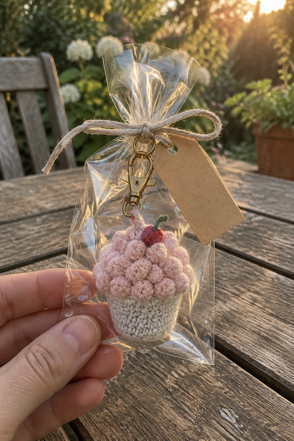 Hand holding pink crocheted cupcake keychain in clear bag tied with twine