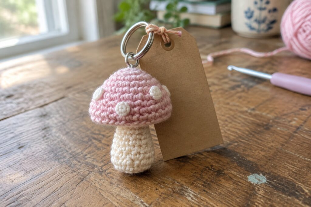 18 Crochet Keychain Packaging Ideas With Gift Tags and Display Cards Pink crocheted mushroom keychain with white spots on brown tag with metal ring