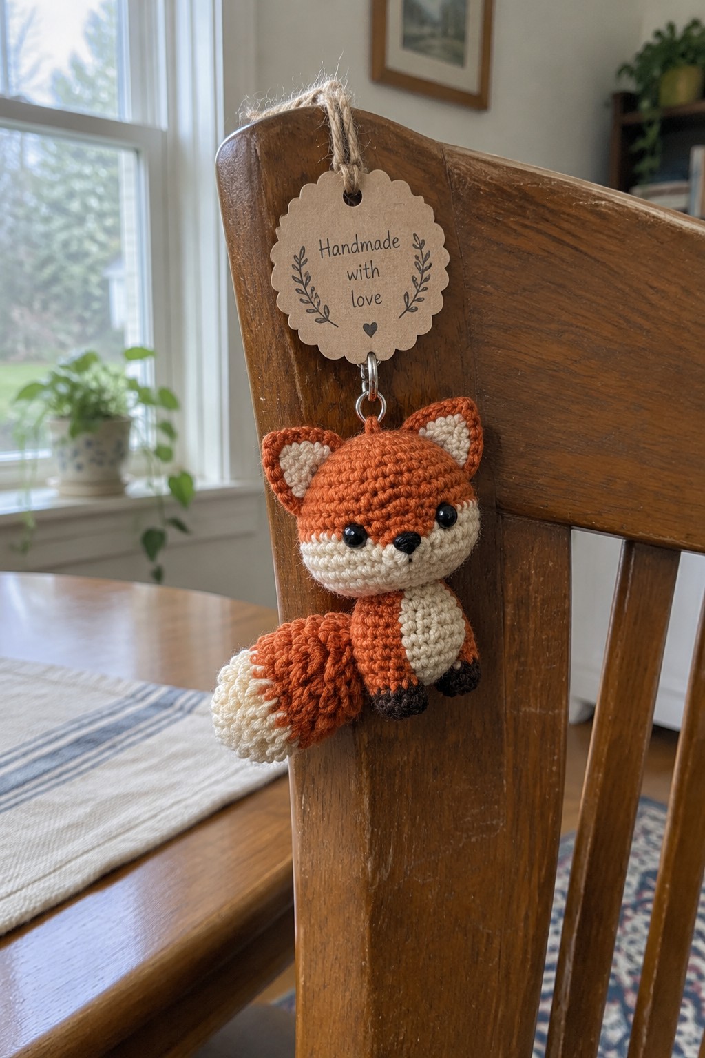 A crocheted orange fox keychain hangs from a wooden chair with a scalloped brown tag reading