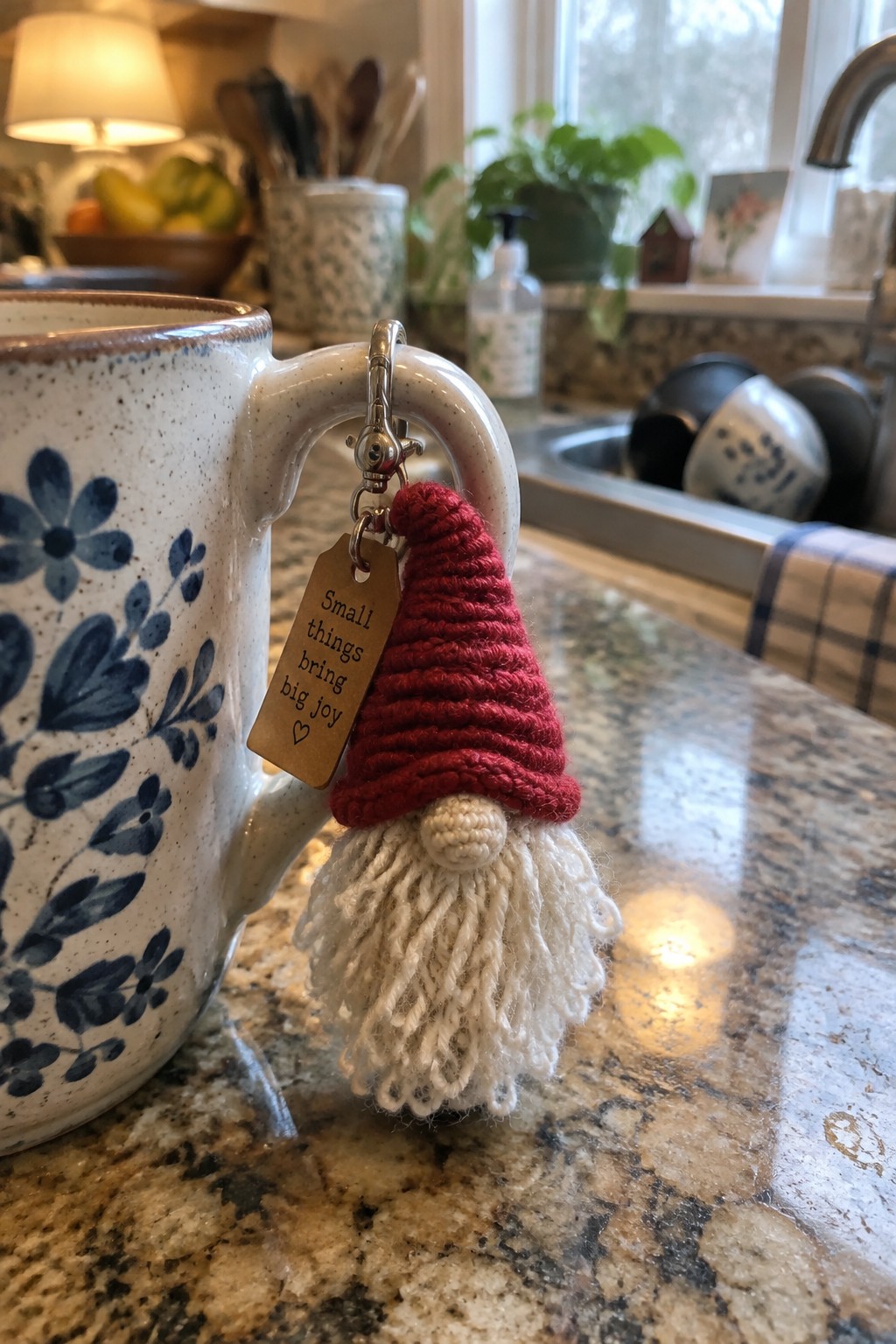 Blue floral mug with red gnome keychain and wooden tag on handle
