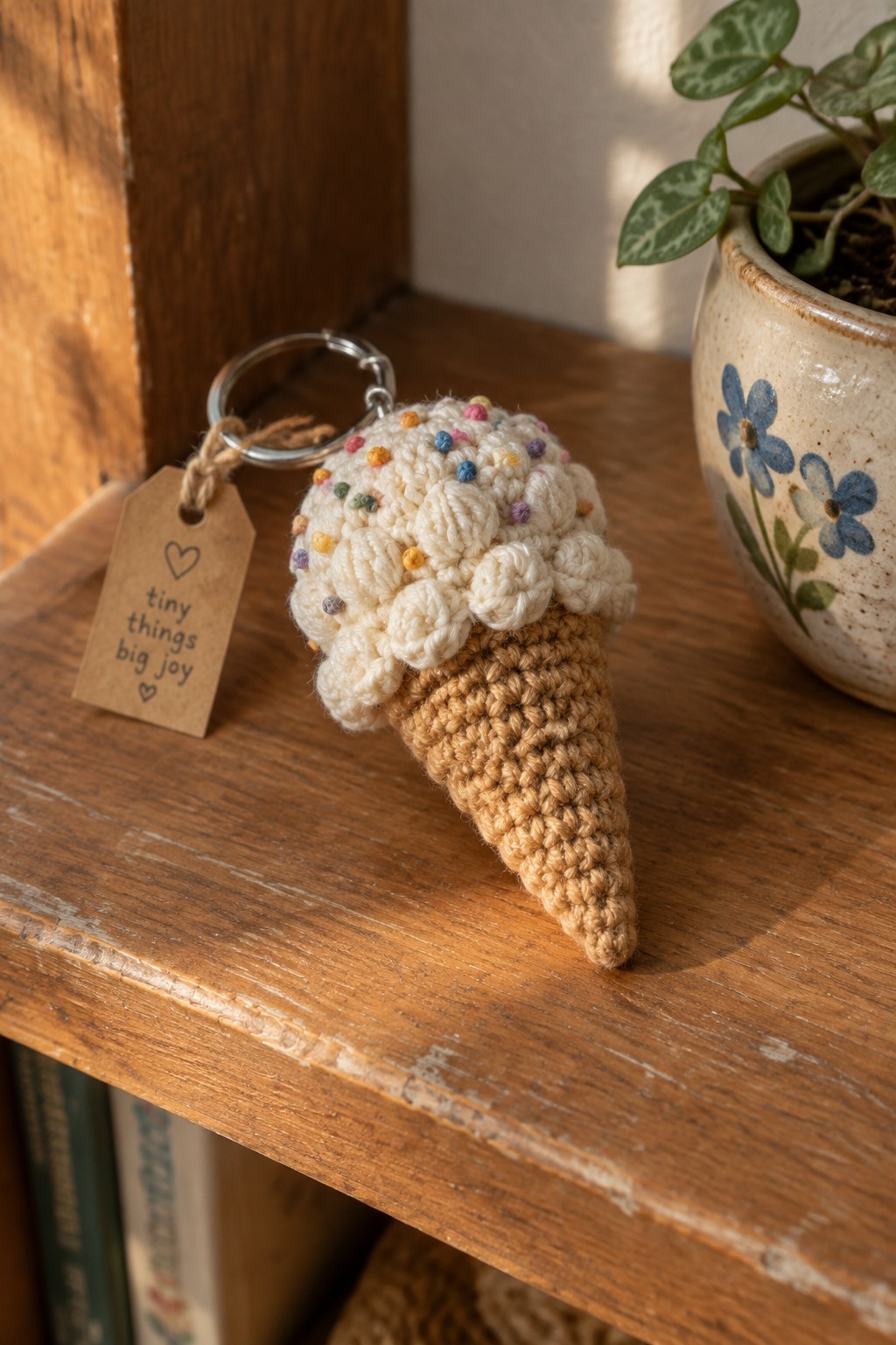 Crocheted ice cream cone keychain with colorful sprinkles on wooden shelf beside plant.