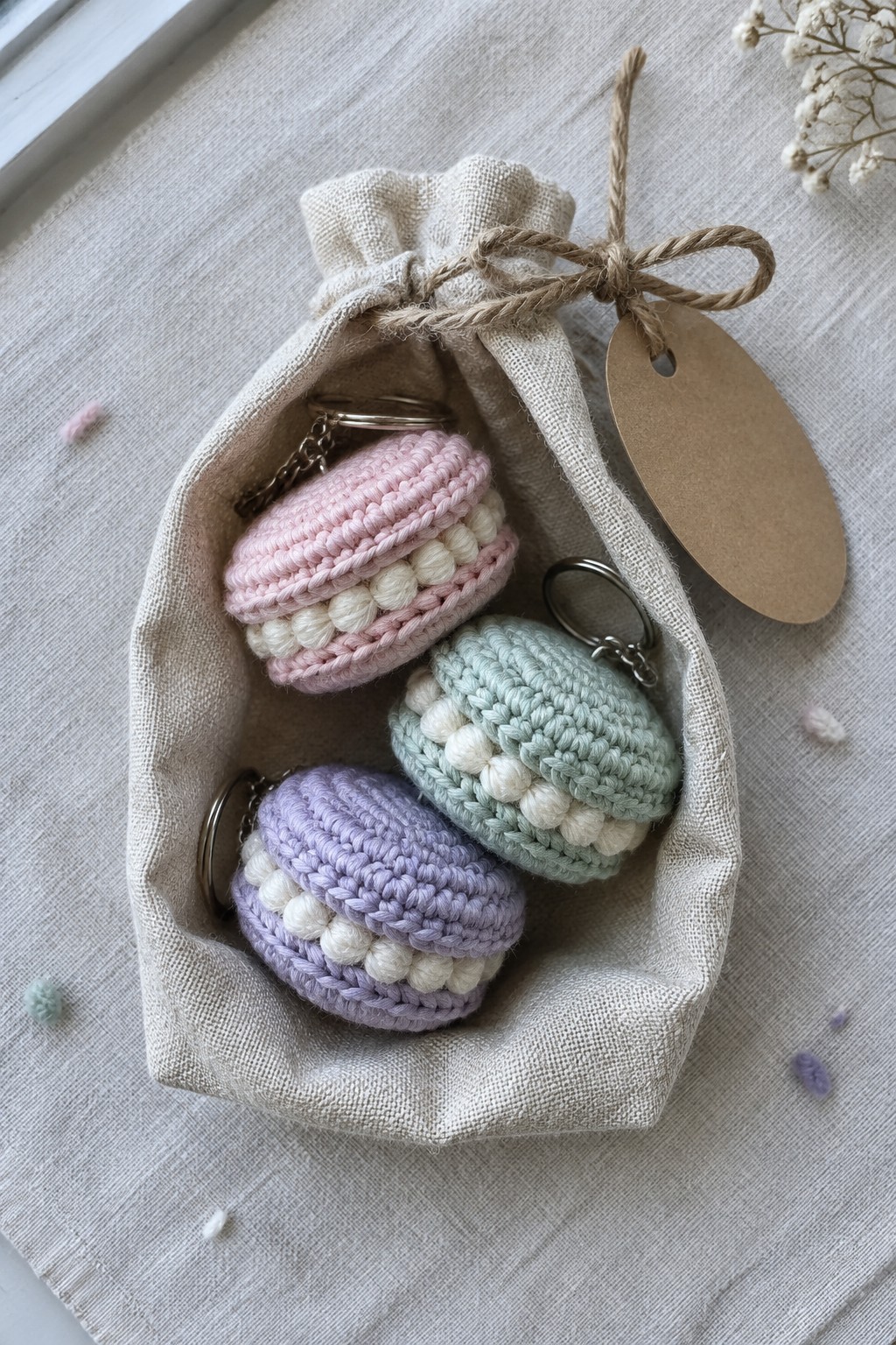 Pastel crocheted macaron keychains in pink, green, and purple inside linen pouch