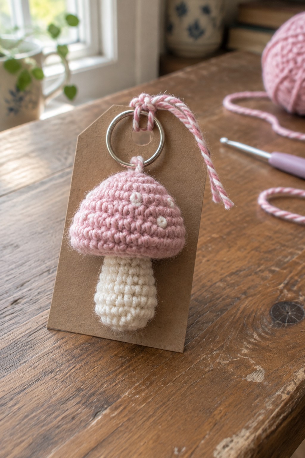 Pink crocheted mushroom keychain with white spots on brown tag with metal ring