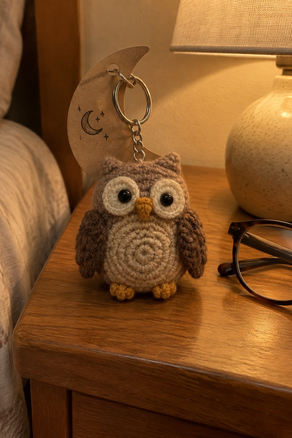Crocheted brown owl keychain with moon tag on wooden nightstand beside lamp and glasses