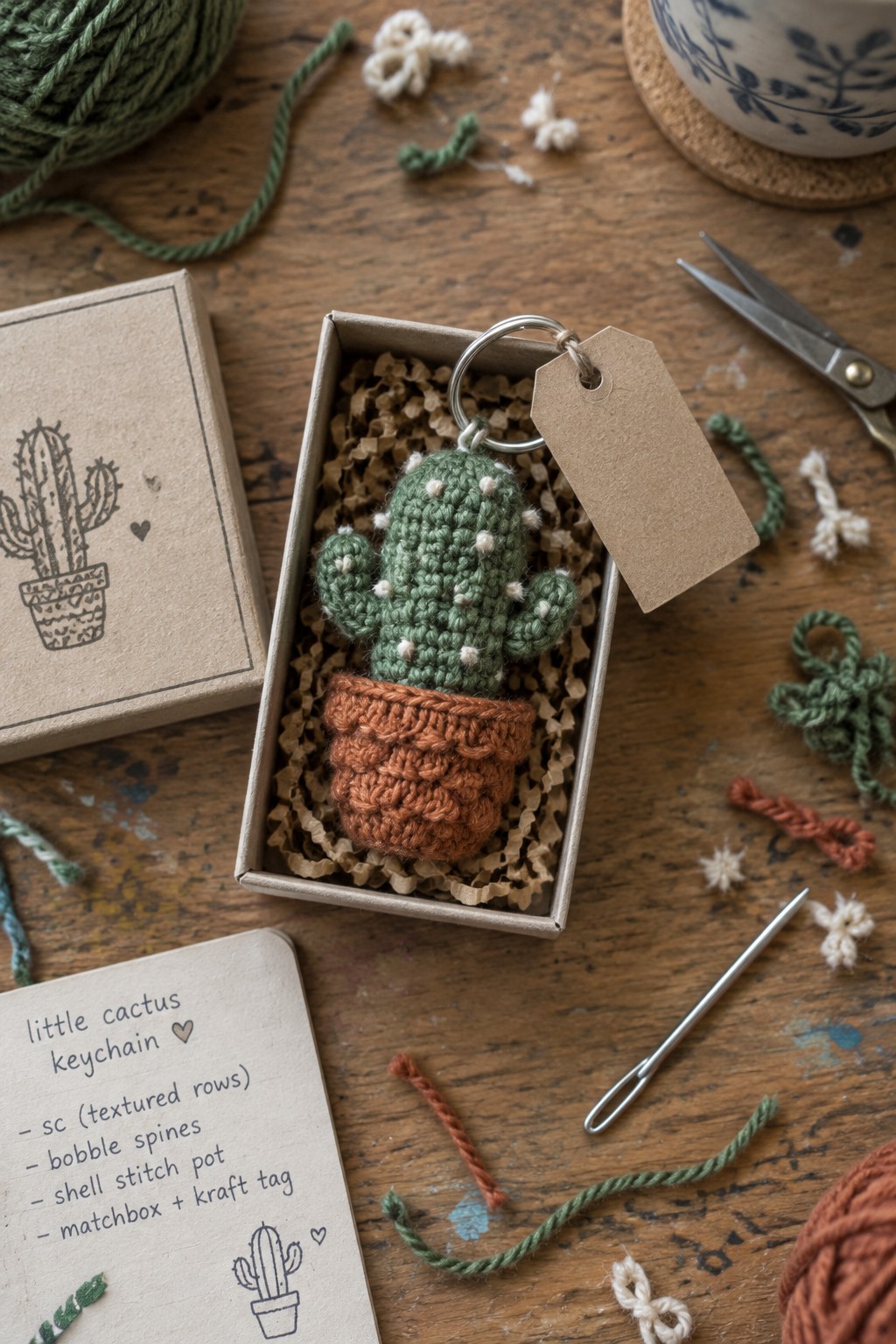 Crocheted green cactus keychain in terracotta pot inside open kraft box with craft supplies.
