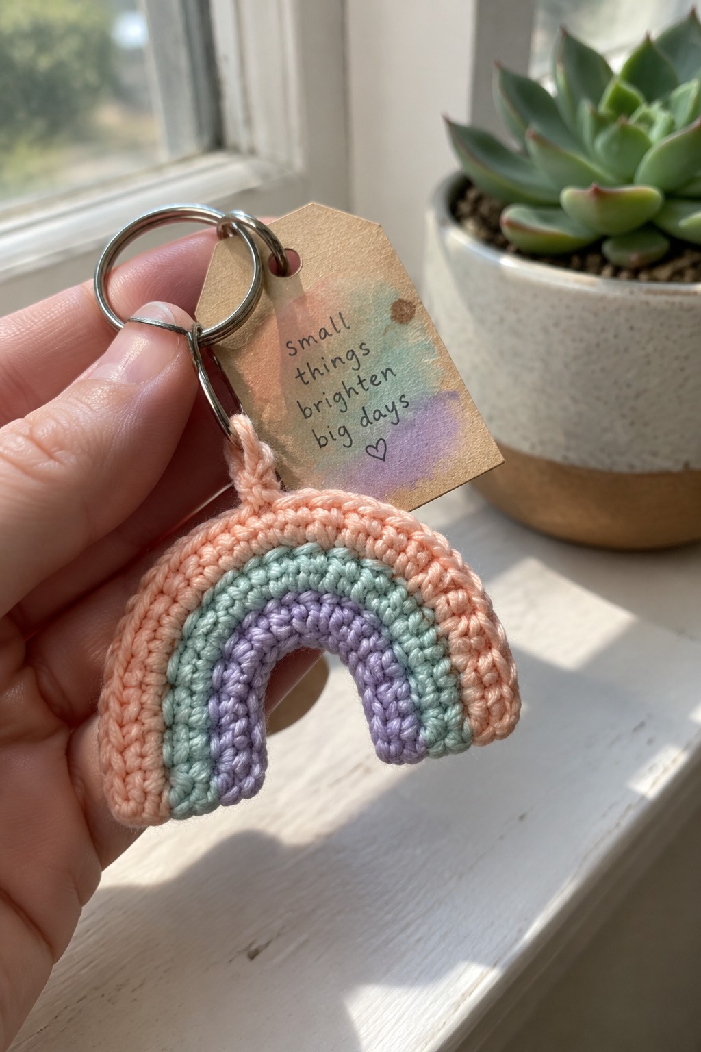 Hand holding crocheted pastel rainbow keychain with quote tag near succulent plant