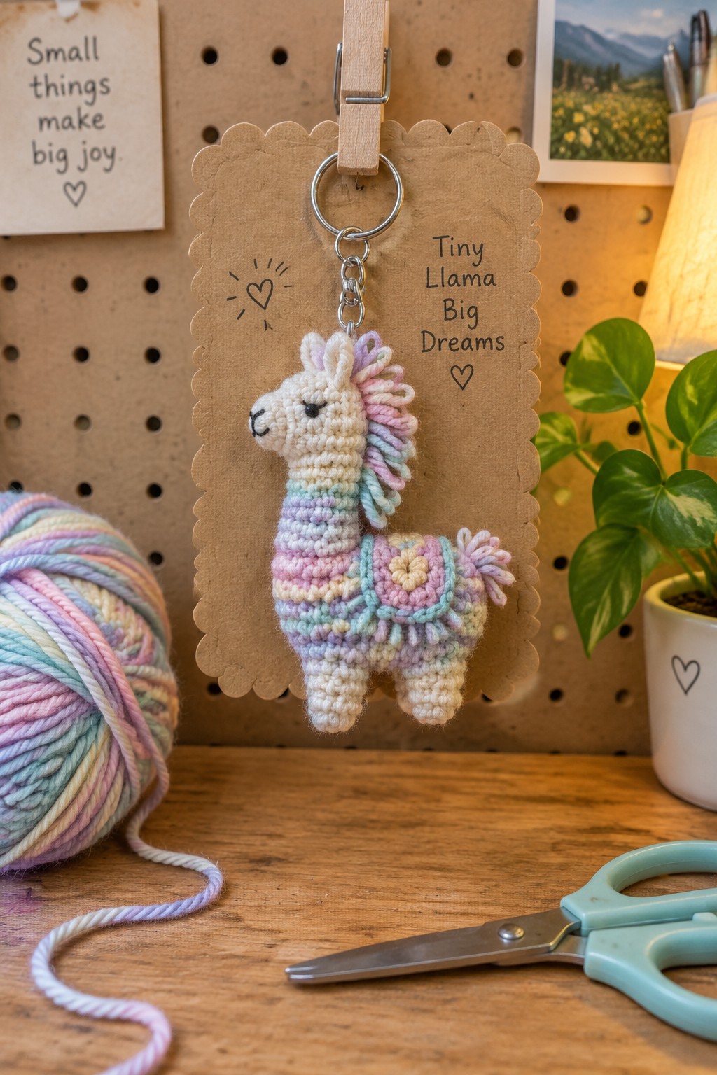 Pastel rainbow crocheted llama keychain clipped to scalloped cardboard tag with clothespin