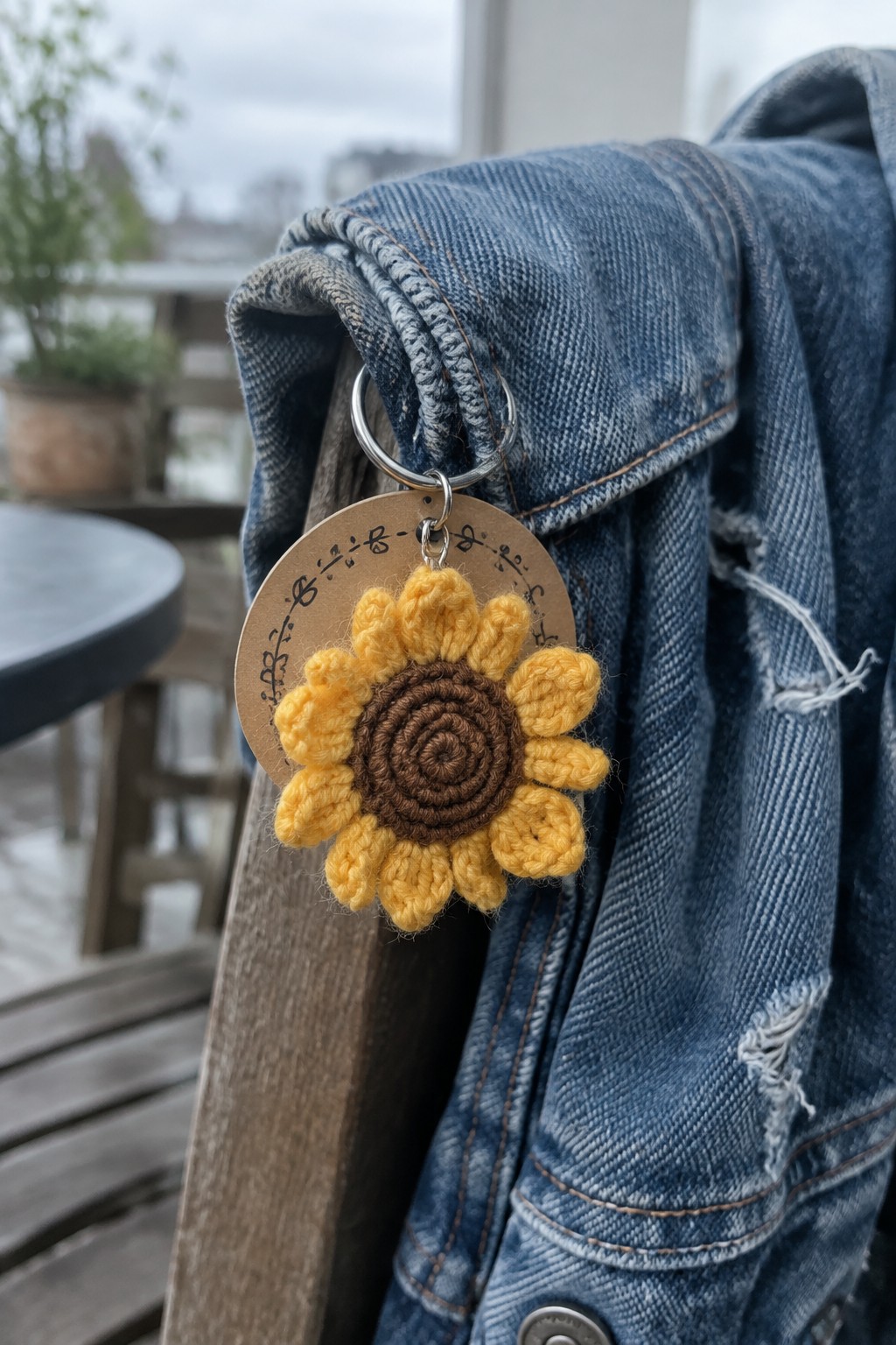 Blue denim jacket with yellow crocheted sunflower keychain and cardboard tag.