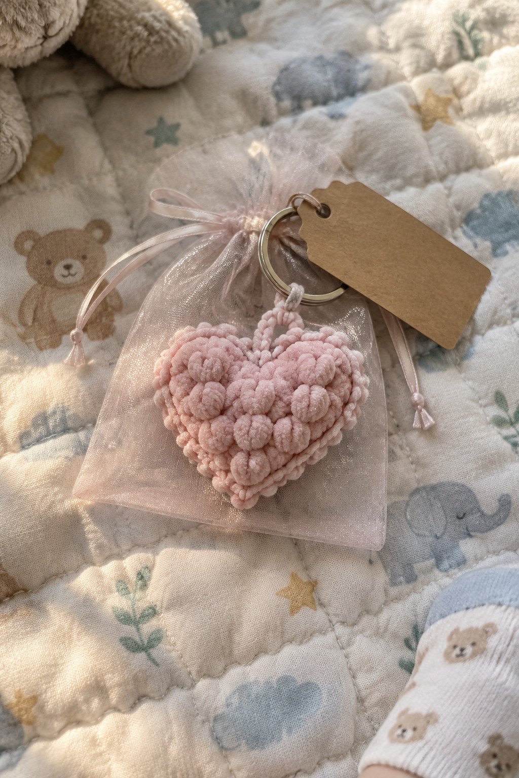 Pink fuzzy heart keychain in sheer bag with tag on patterned baby quilt