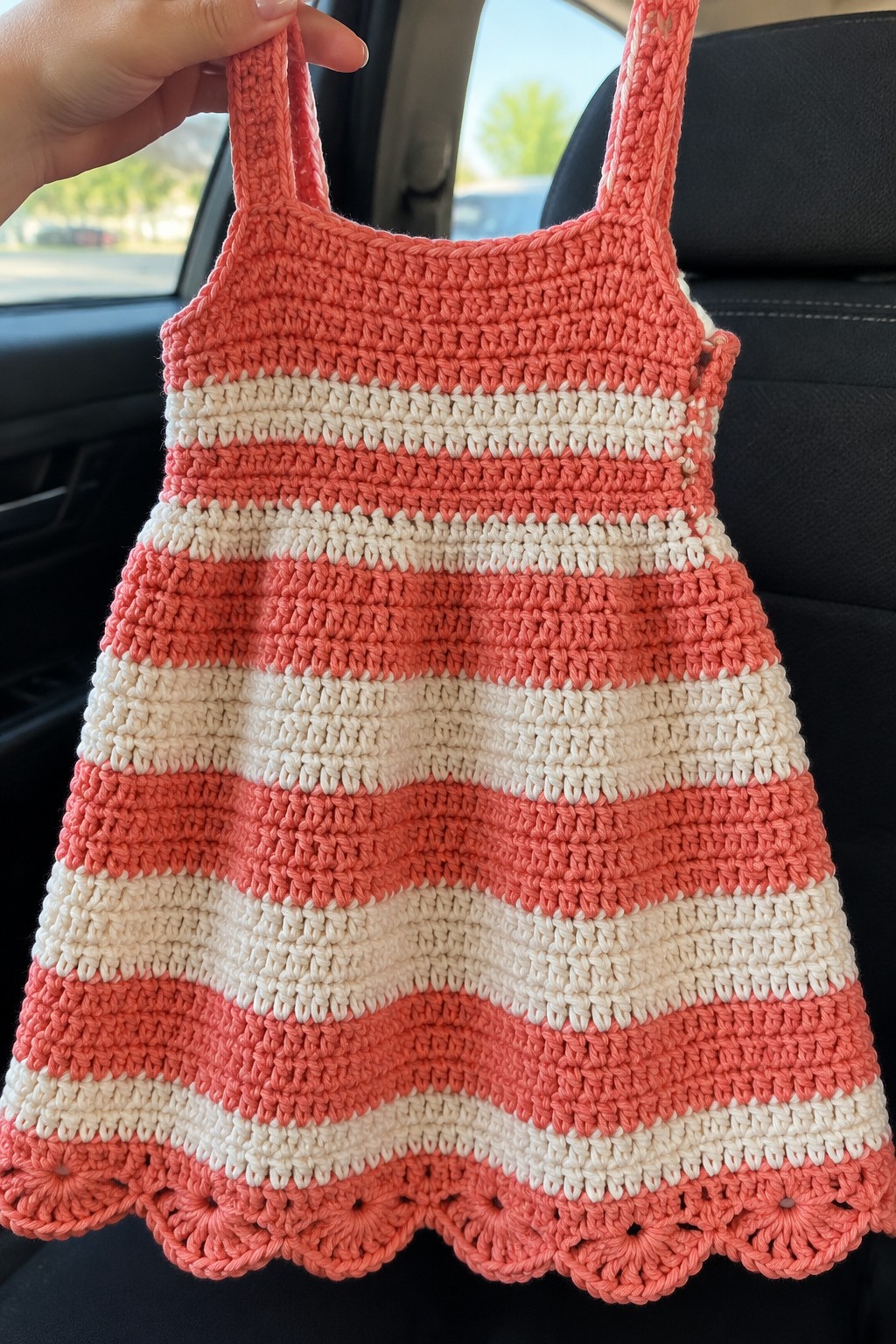 Crocheted child's dress with coral and cream stripes and scalloped hem held inside a car.