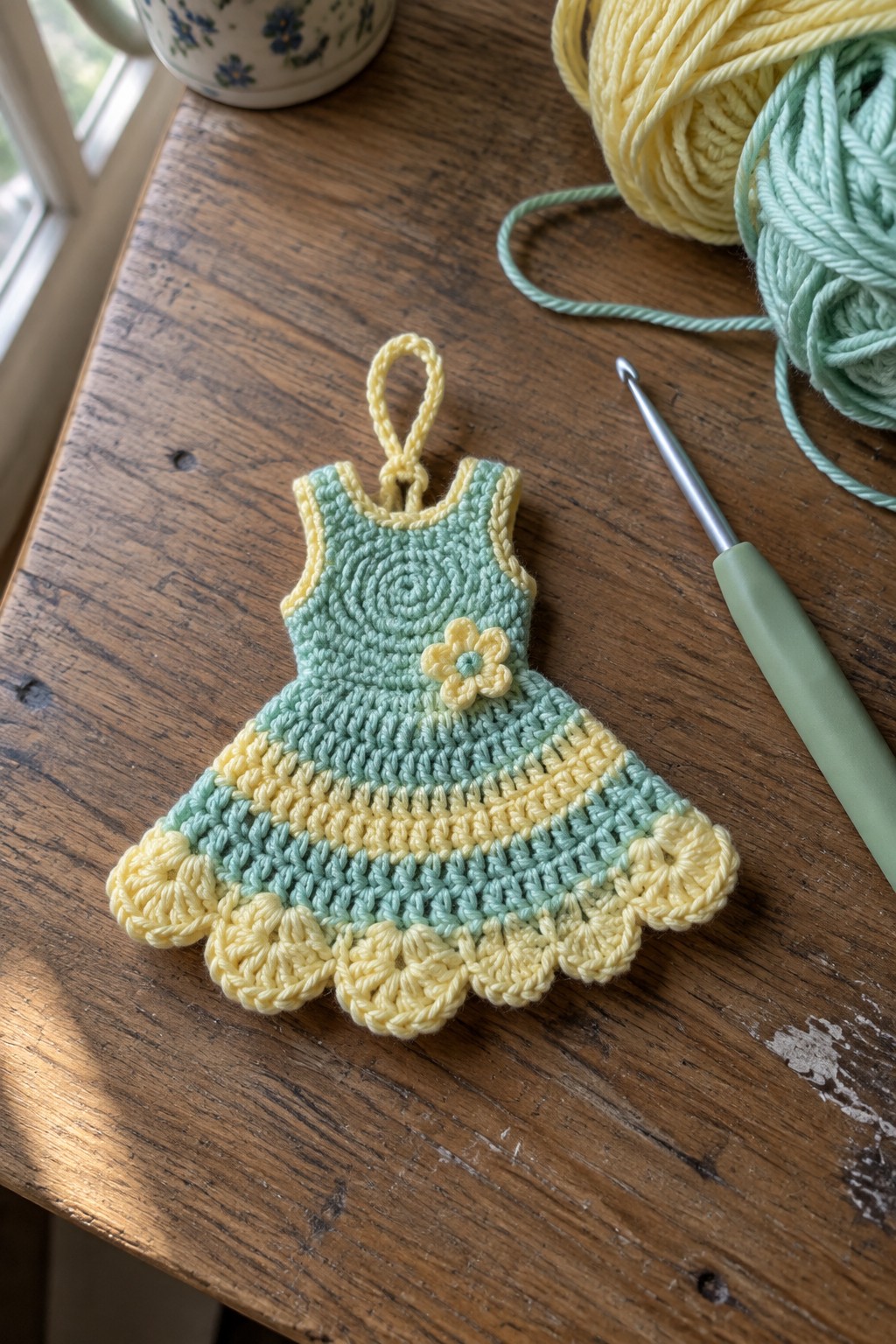 Crocheted mint green and yellow dress ornament with flower on wooden table beside hook and yarn