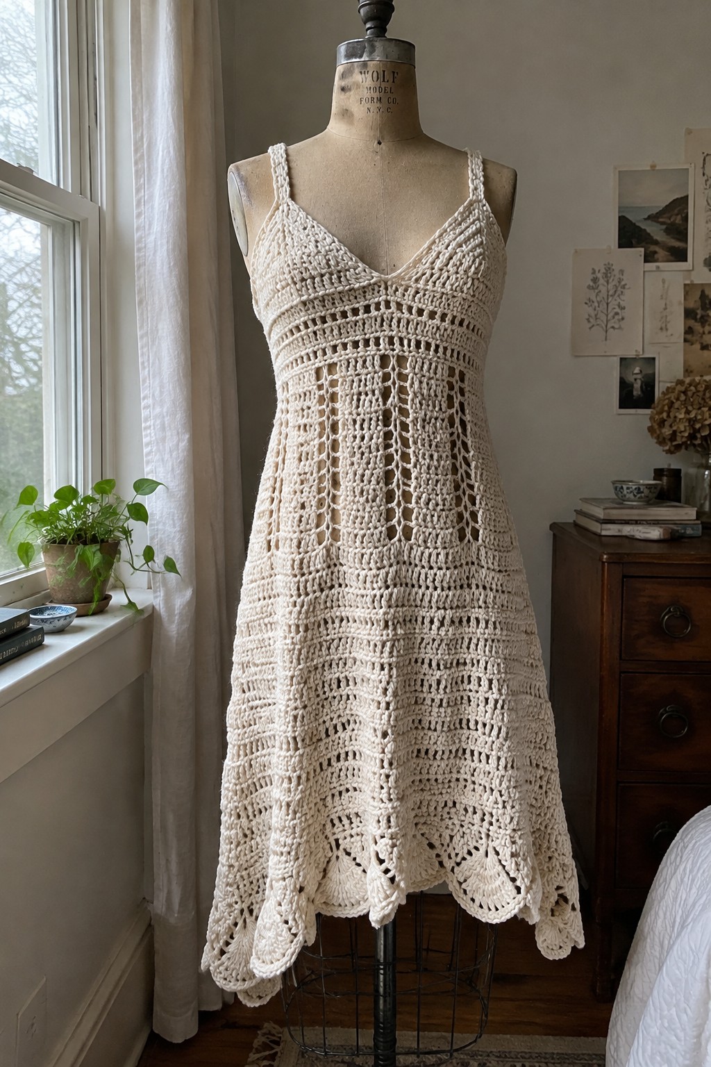 Cream crocheted lace dress on vintage mannequin near sunlit window with plant