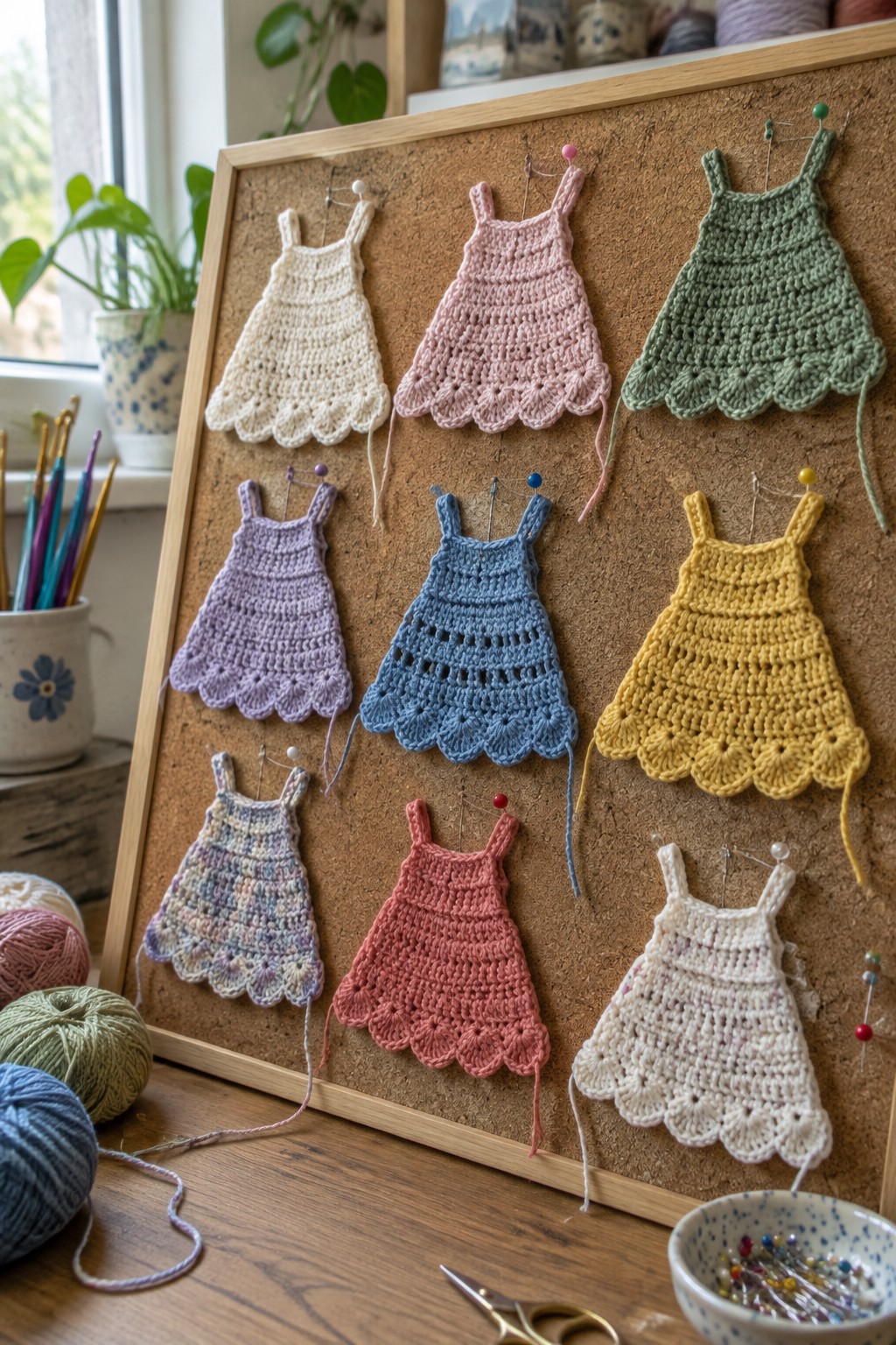 Colorful crocheted miniature dresses pinned on a corkboard amid yarn and tools.