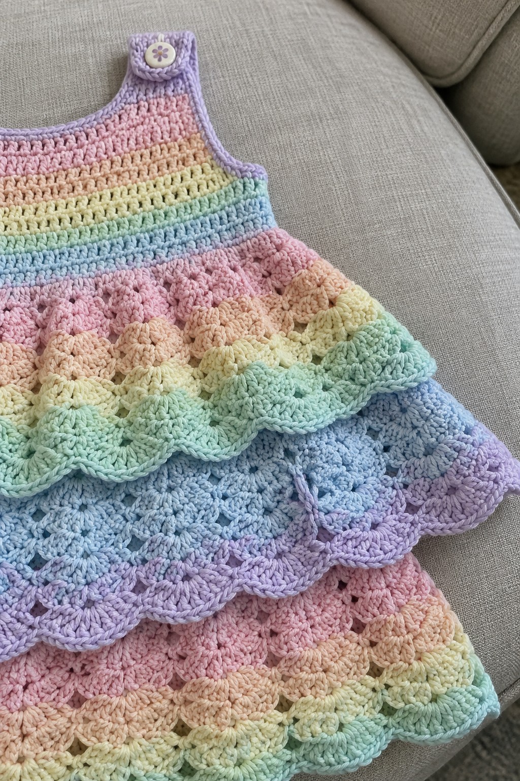 Rainbow crocheted child's dress with scalloped ruffles on gray couch