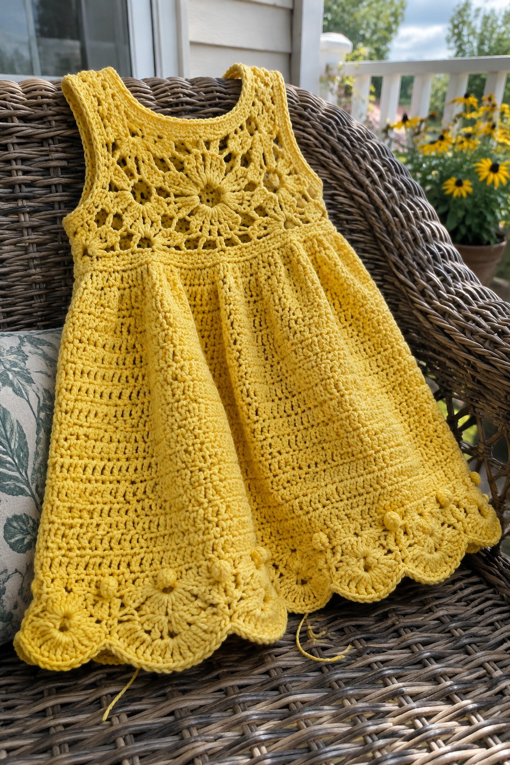 Yellow crocheted sundress with floral lace yoke on wicker porch chair
