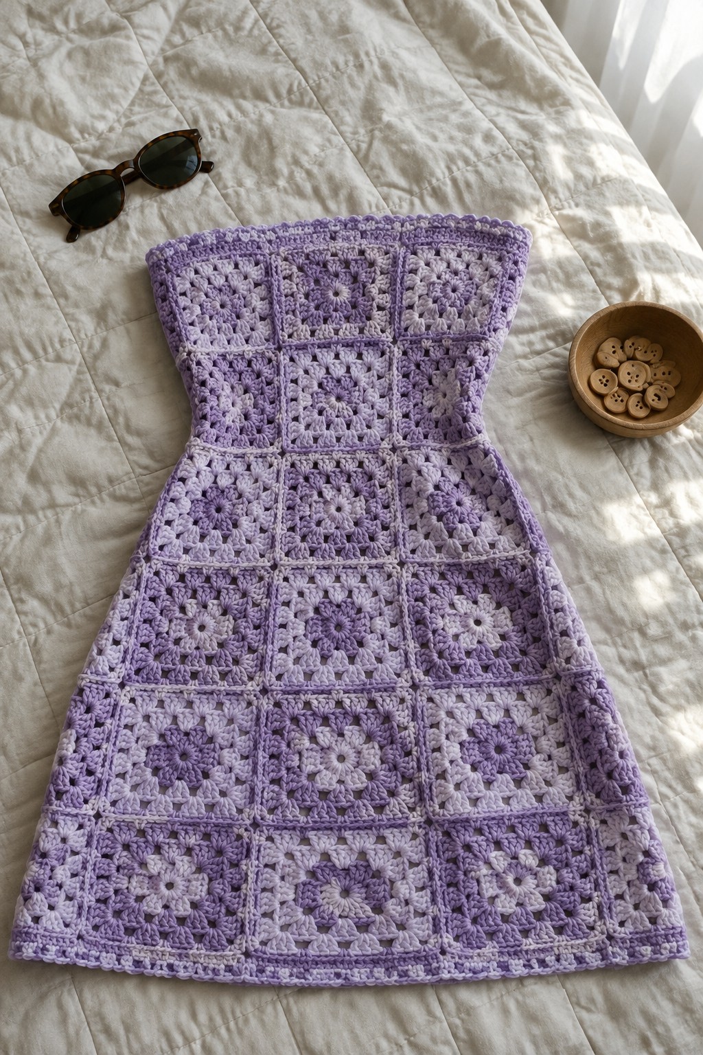 Purple crochet granny square strapless dress on white bed with sunglasses and buttons.