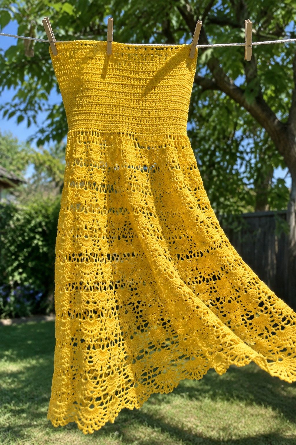 Yellow crocheted lace dress hanging on outdoor clothesline with wooden pins.